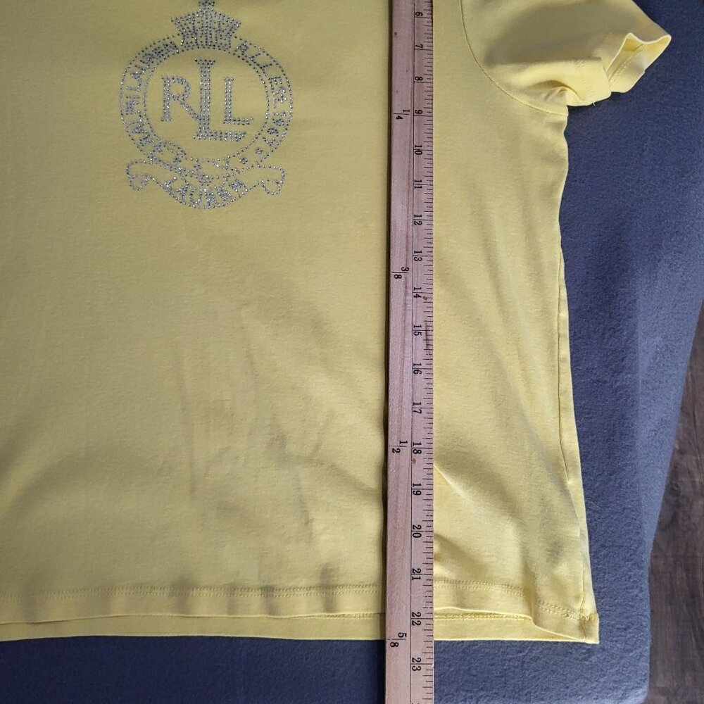 LAUREN RALPH LAUREN Women's LG Pastel Yellow Rhinestone Logo T Shirt Y2K - Picture 8 of 10